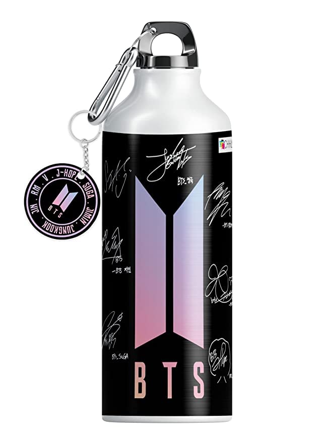 DESIGNS BTS Army BTS Logo Aluminium Printed Sipper Bottle with Keychain BTS Signature Water Bottle 600ml
