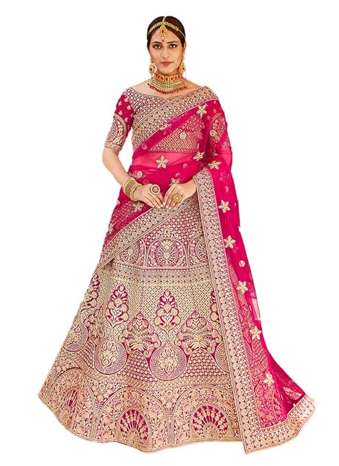 FUSIONIC Heavy Embroidery And Handwork Charming Look Pink Color Lehenga For Women