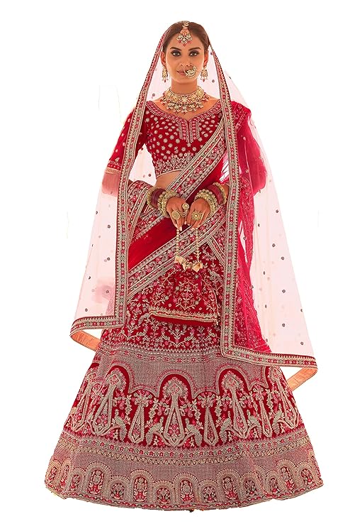 FUSIONIC Red Color Velvet Material Zari And Thread Work Bridal Lehenga For Women